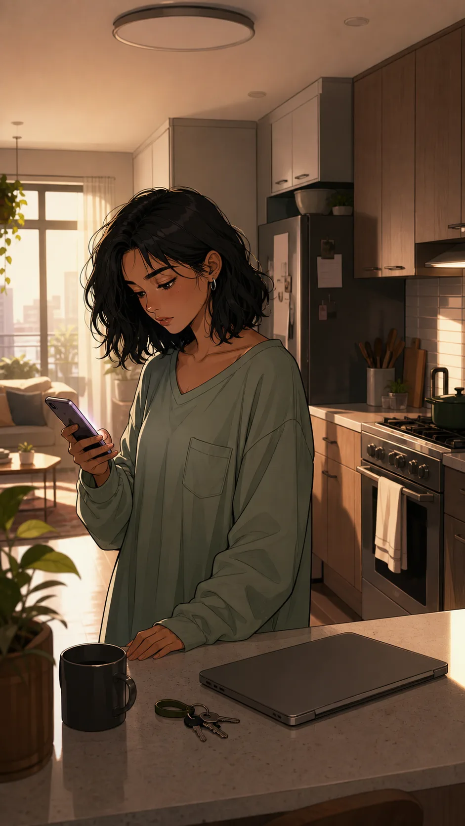 Maya looks at a phone on a generic kitchen counter, with the screen angled so no message is readable.