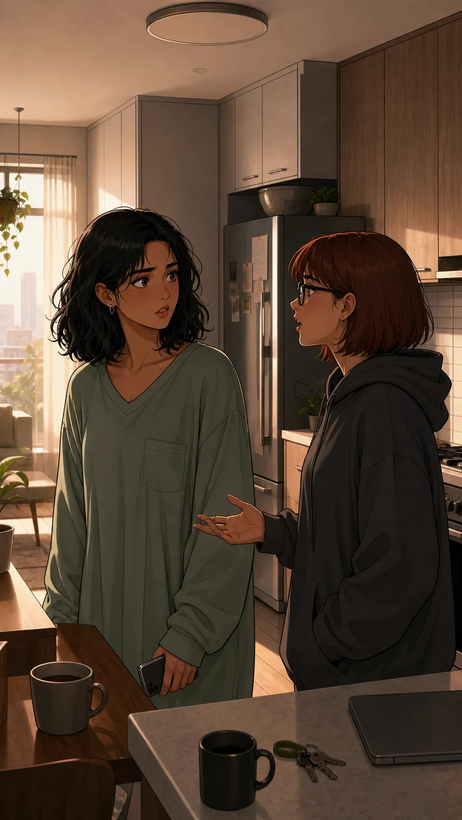 Maya and Lena talk in a generic apartment kitchen while Maya holds her phone with the screen hidden.