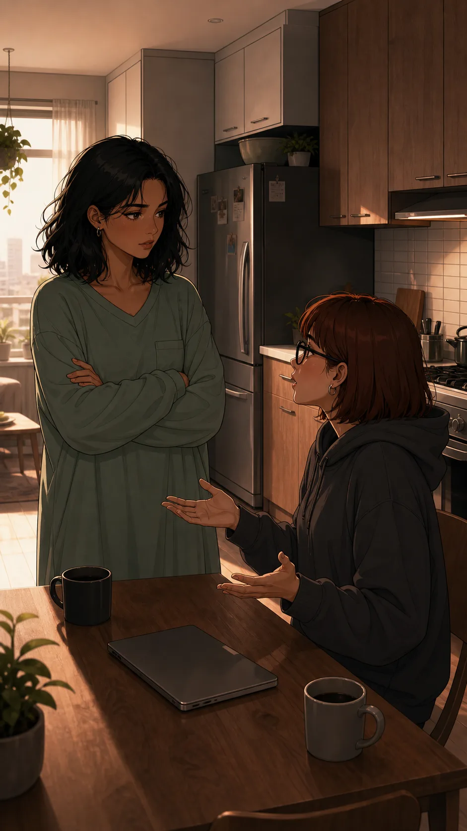 Lena explains herself at a generic kitchen table while Maya listens with folded arms.