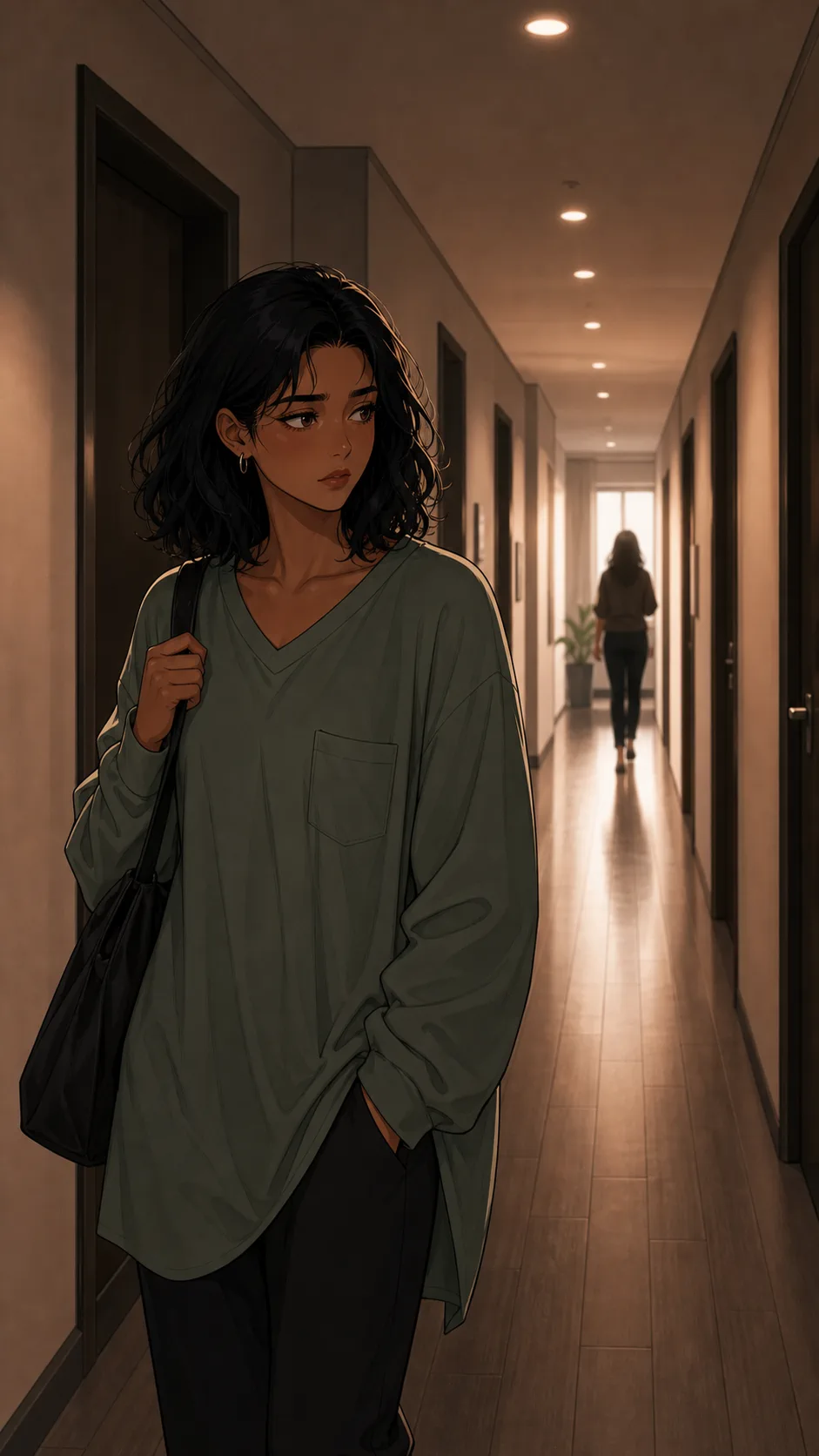Maya walks through a generic apartment hallway with plain doors and no identifying details.