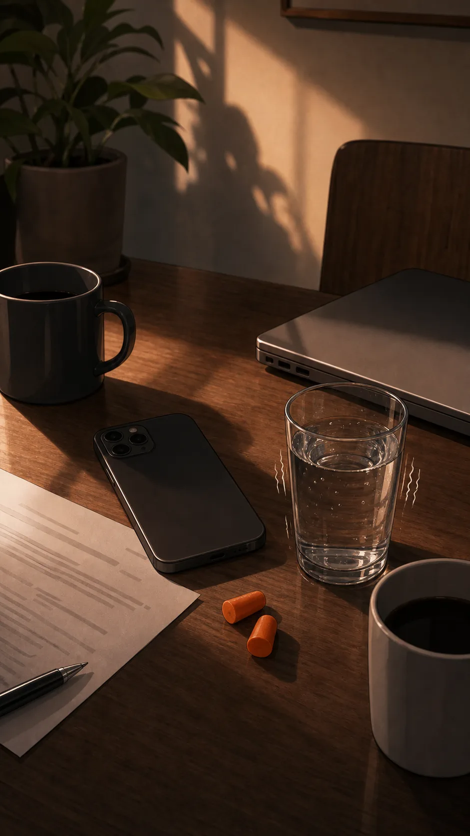 A generic apartment table holds a phone face down, closed laptop, earplugs, mugs, and a rippling water glass.