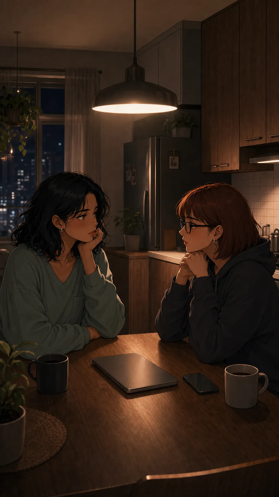 Maya and Lena sit at a generic kitchen table with a closed laptop and phone between them.