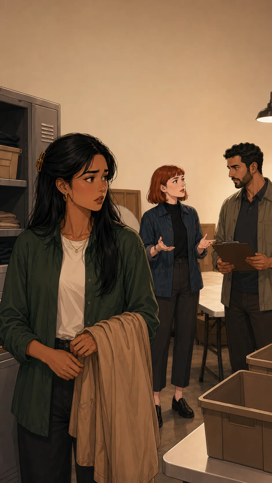 Maya stands in a generic event-team back room holding a folded apron while Tessa asks the team for Saturday help.