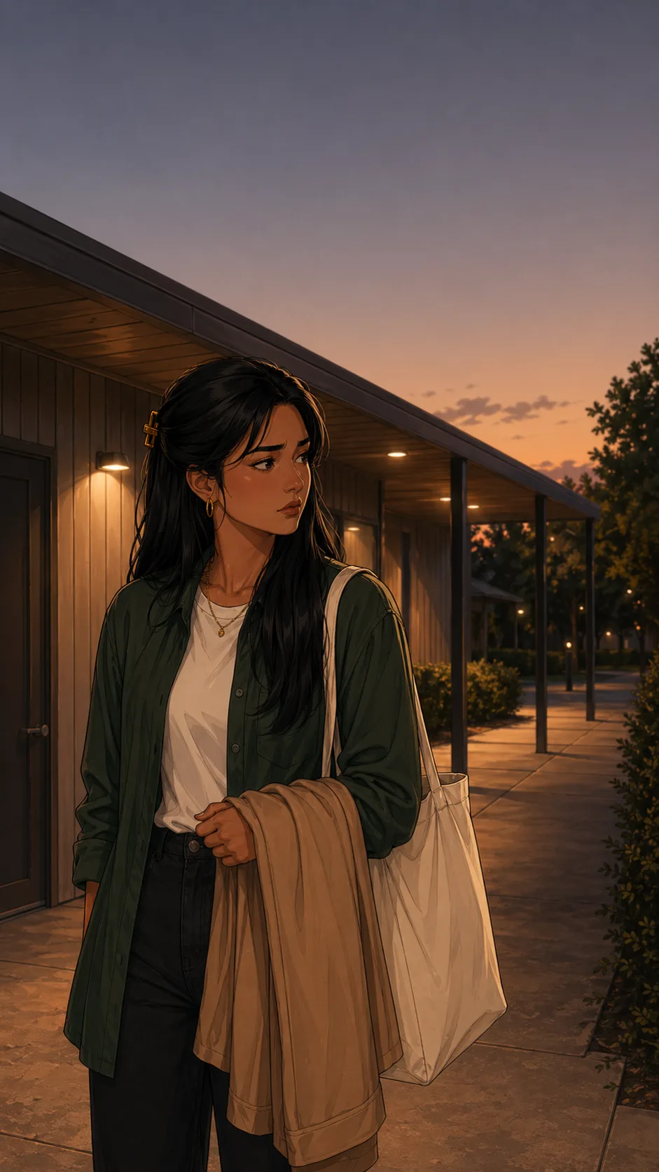 Maya stands outside a generic workplace at dusk holding a folded apron and looking conflicted.