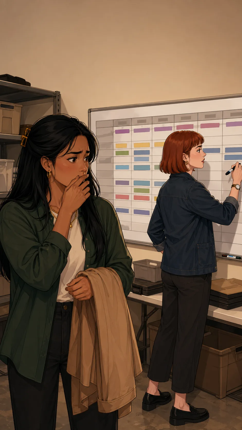 Maya looks shocked at an abstract unreadable staff schedule board while Tessa stands nearby with a marker.