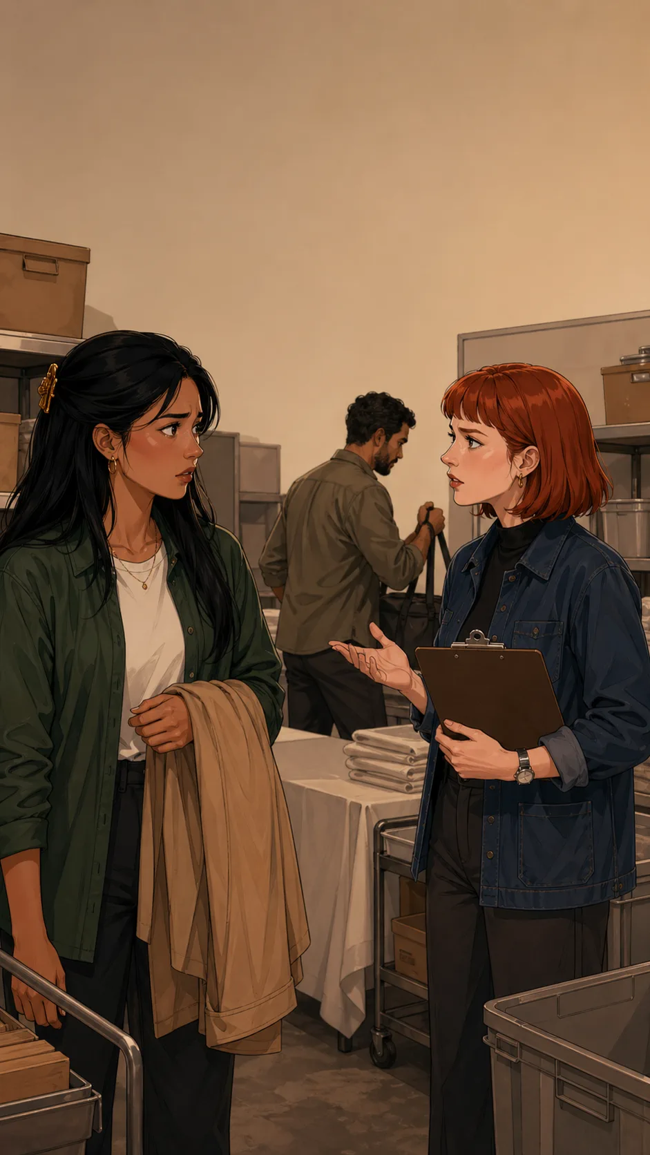 Tessa and Maya talk tensely in a generic event prep room while a background coworker leaves with a bag.