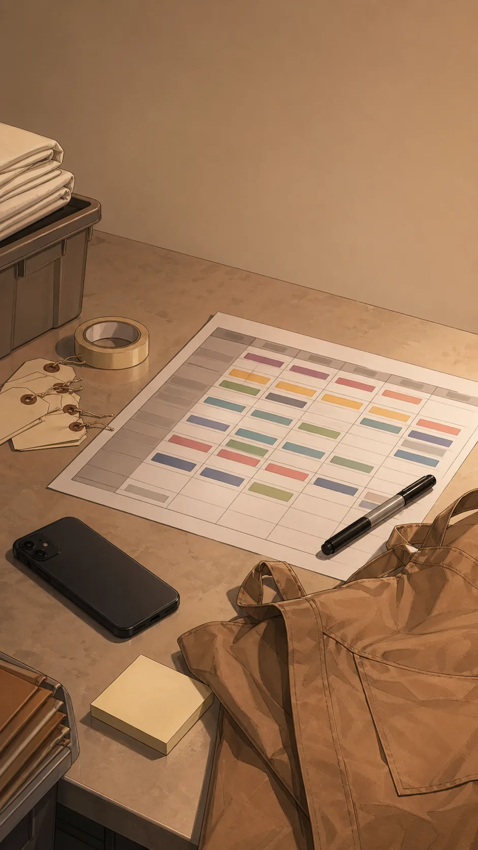 A warm evidence-style tabletop shows a face-down phone, an unreadable schedule, a folded apron, a marker, and blank notes.
