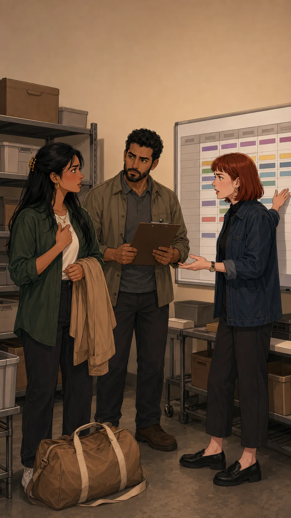 Omar stands between Maya and Tessa in a generic event back room as they argue beside an abstract schedule board.