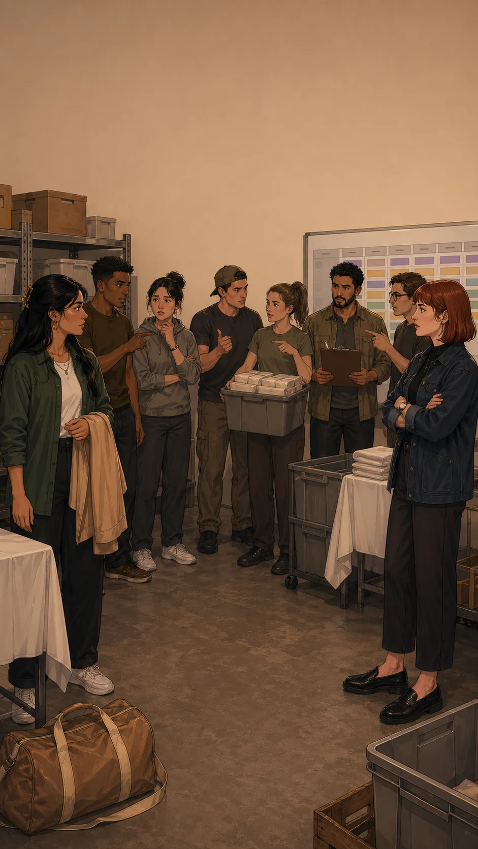 Maya, Tessa, Omar, and coworkers stand in a generic event prep room with the group visibly split into different opinions.