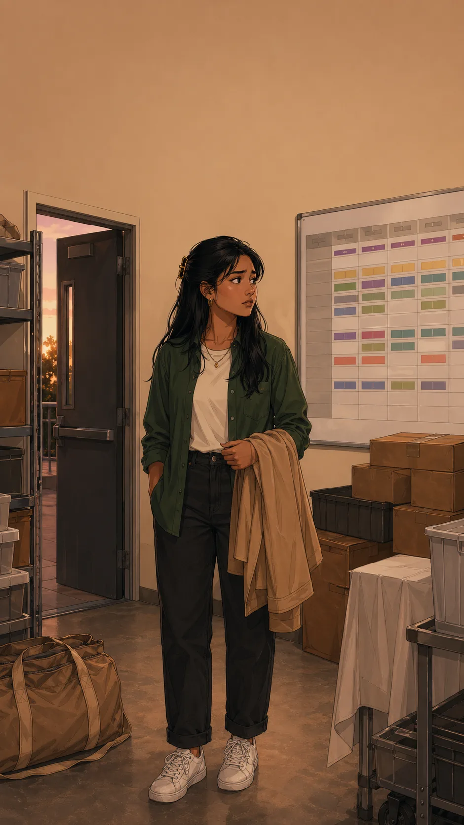 Maya stands alone in a generic back room looking conflicted between an unreadable schedule board and packed pop-up supplies.