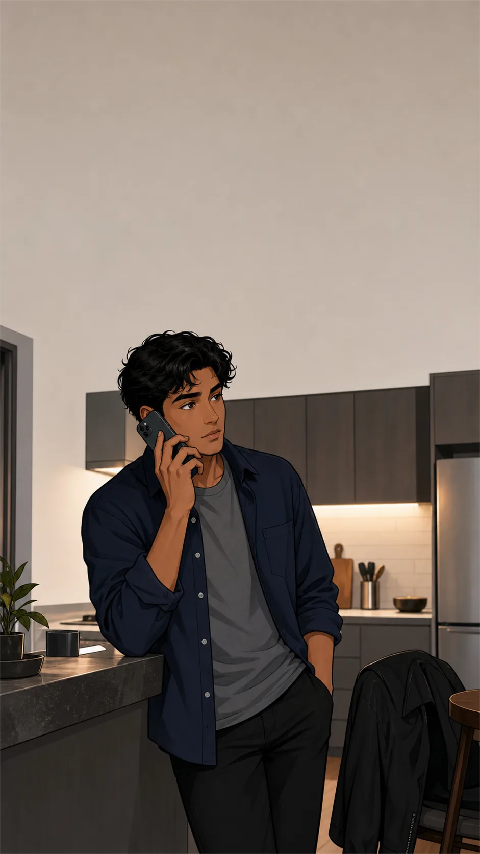 Kai leans against a generic kitchen counter while holding a phone with only the back and edge visible.