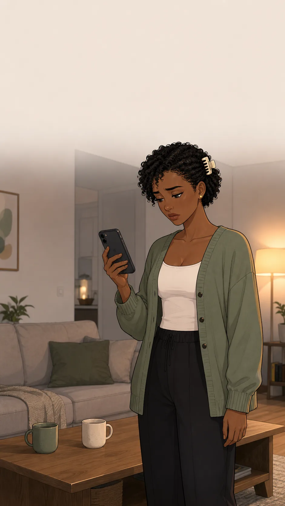 Mara stands in her apartment holding a phone with its screen turned away from the viewer, looking hurt beside two untouched mugs.
