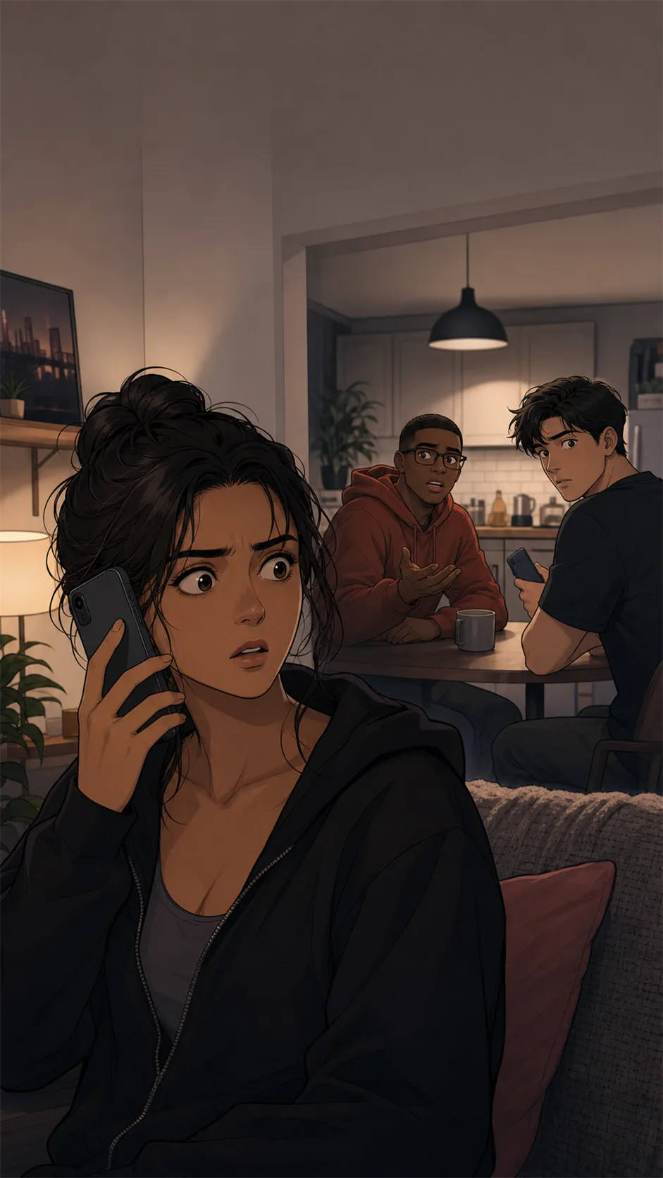 Mara freezes during a phone call while a cutaway shows Kai and his friend Arden at a generic kitchen table.