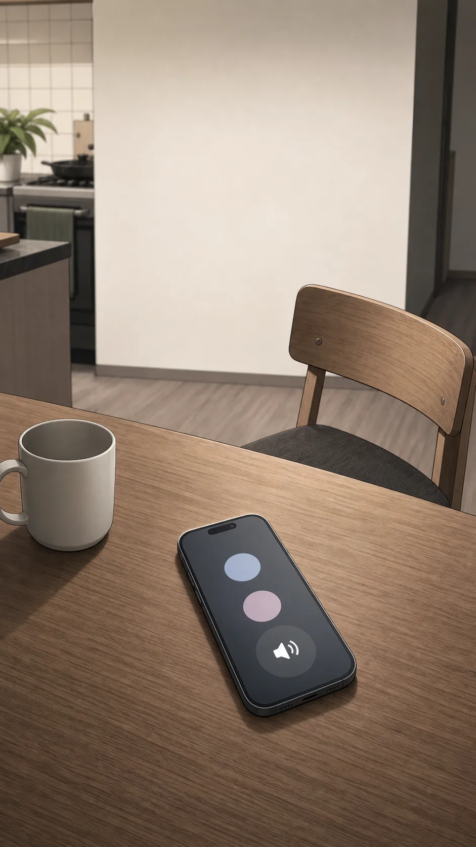 A tabletop evidence still life shows a face-up phone with an abstract speaker call screen and a plain mug nearby.
