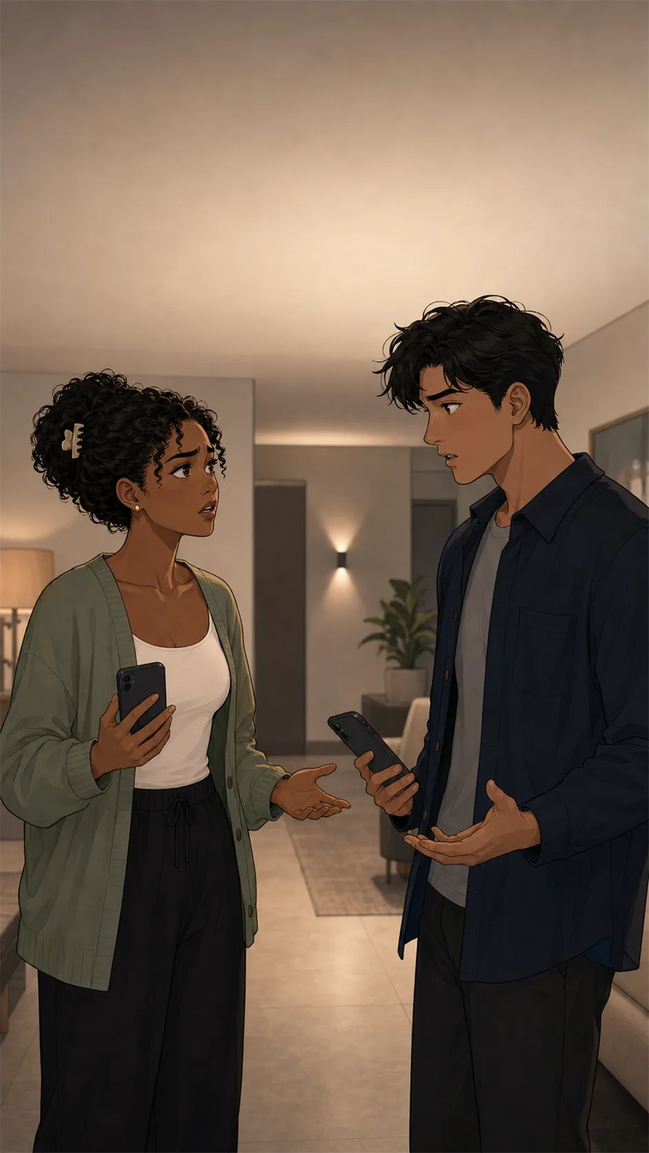 Mara and Kai stand in a generic hallway having a tense but controlled conversation.