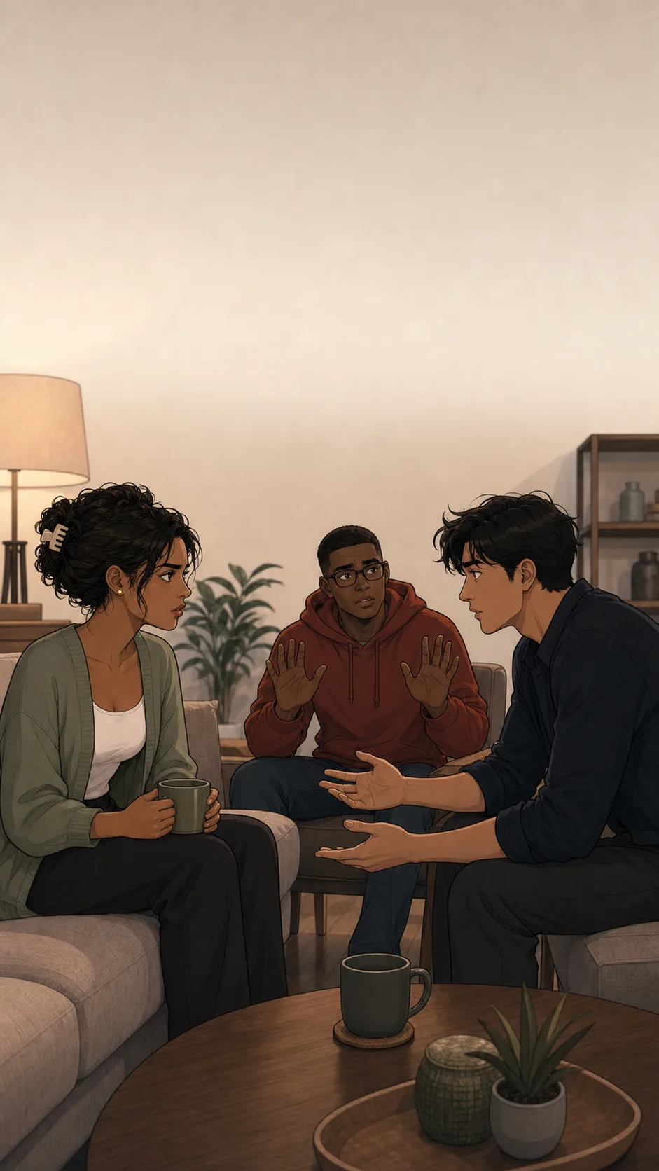 Mara, Kai, and Arden sit apart in a generic living room with tense body language suggesting three different takes.