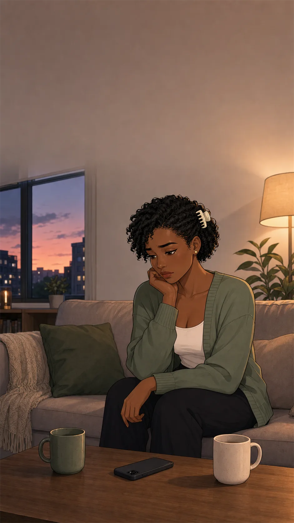 Mara sits thoughtfully on a couch with two mugs separated on the table and a face-down phone between them.