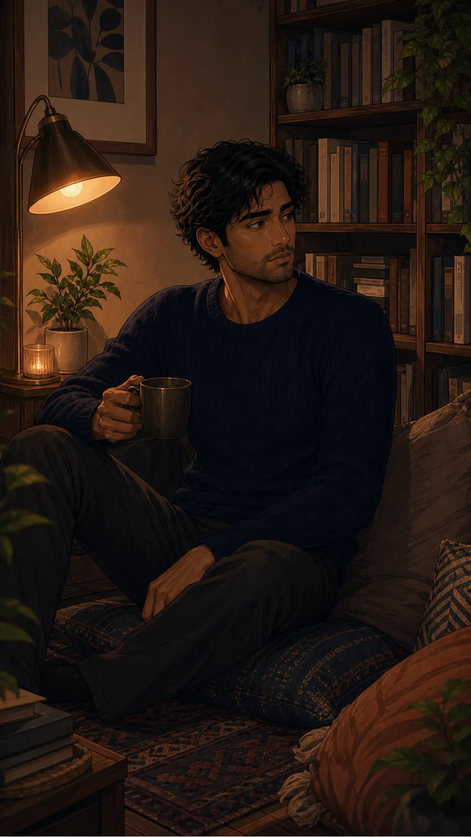 Samir sits in his quiet reading corner before the party.