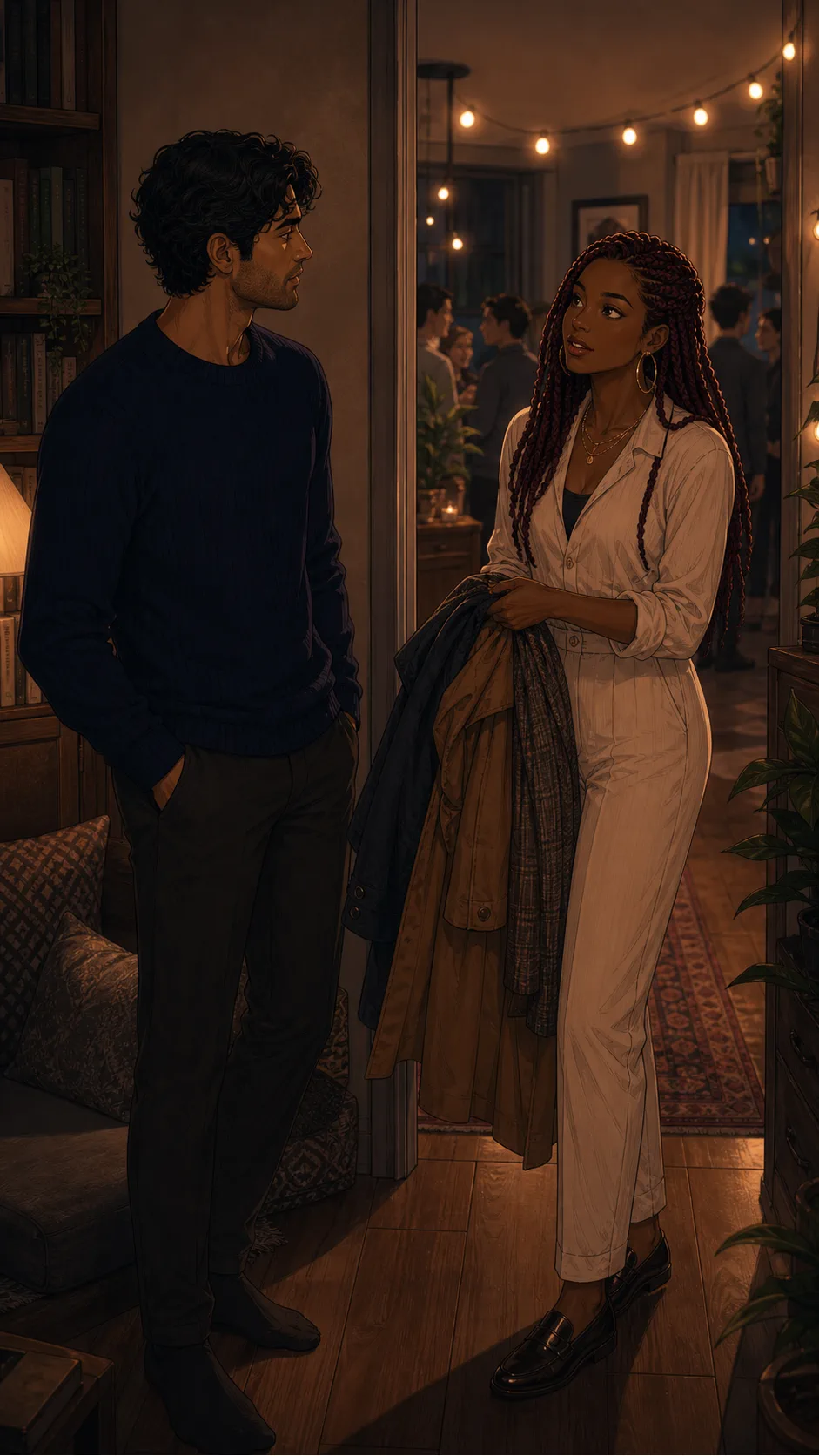 Talia asks Samir to use the quiet corner for coats.