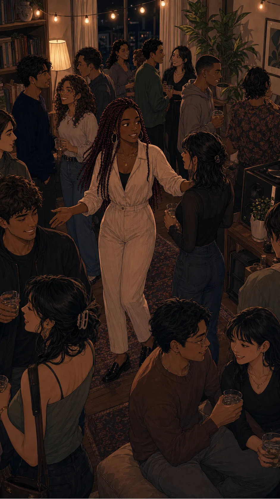 The apartment party grows crowded in the main room.