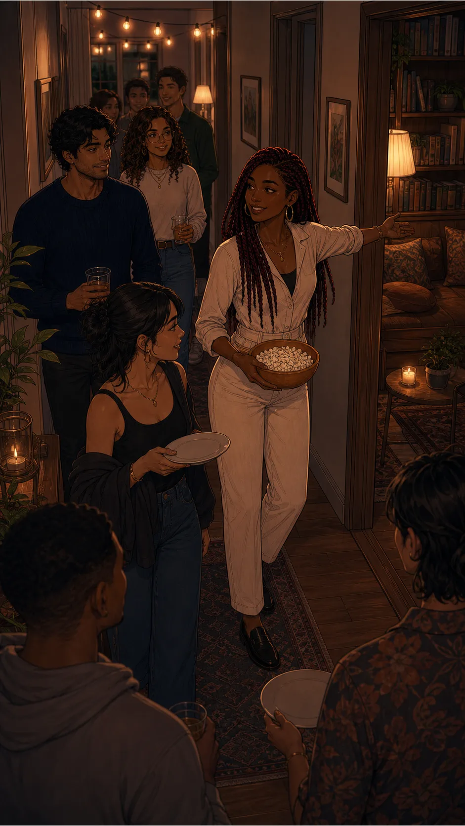 Talia sends guests toward Samir's reading corner.