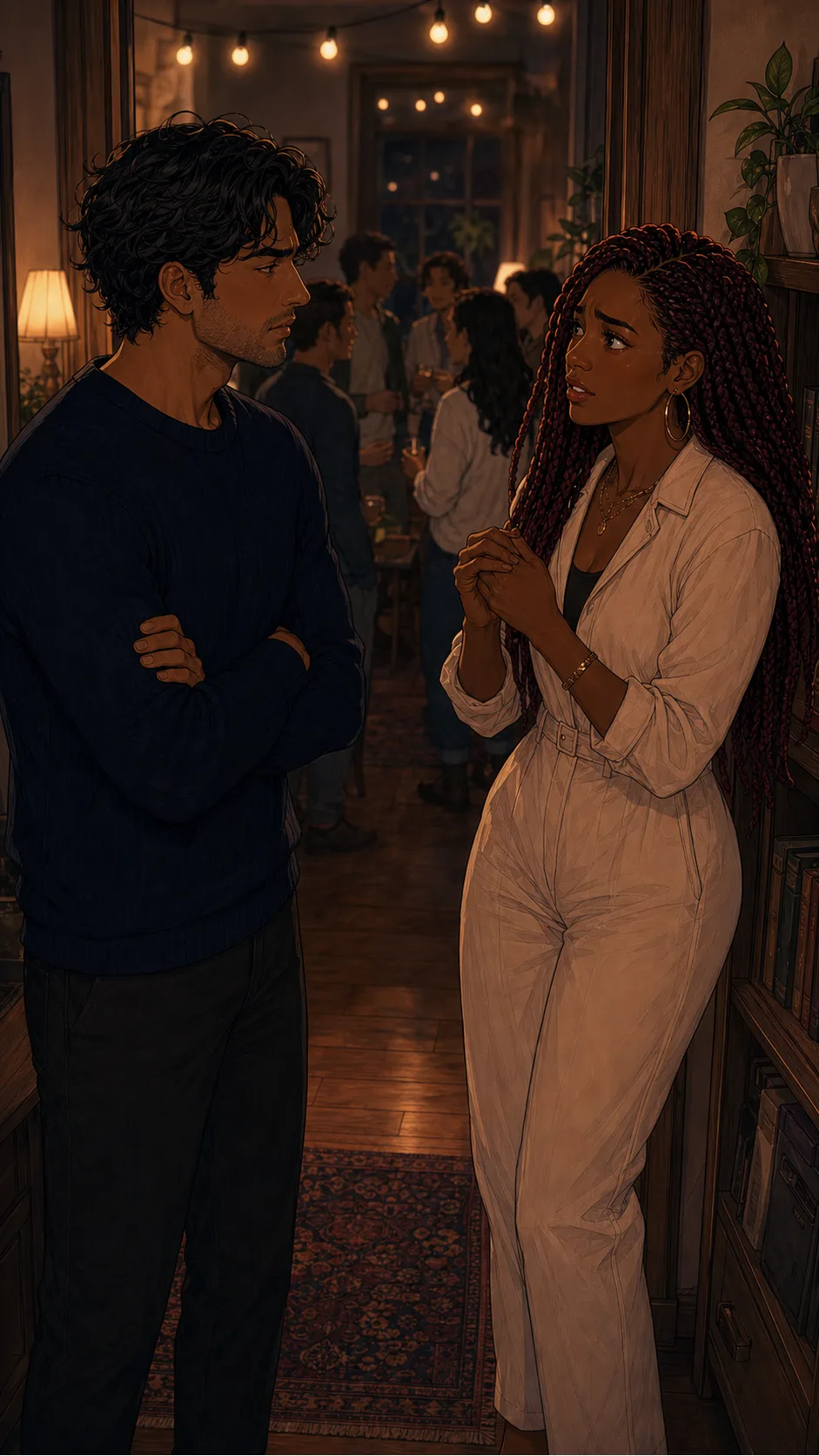 Samir confronts Talia near the reading corner.