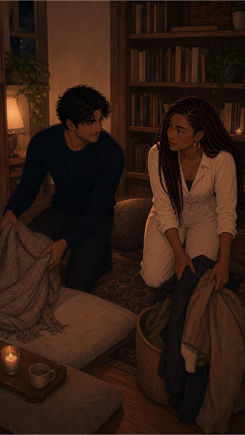 Samir and Talia reset the quiet corner after the party.