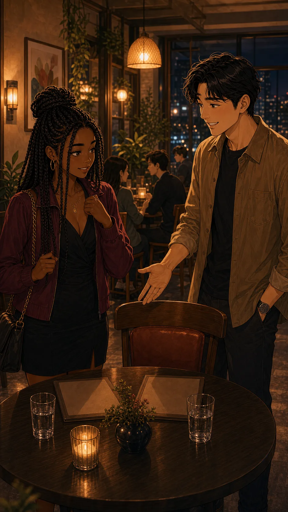 Evan shows Layla a cozy restaurant table for two.