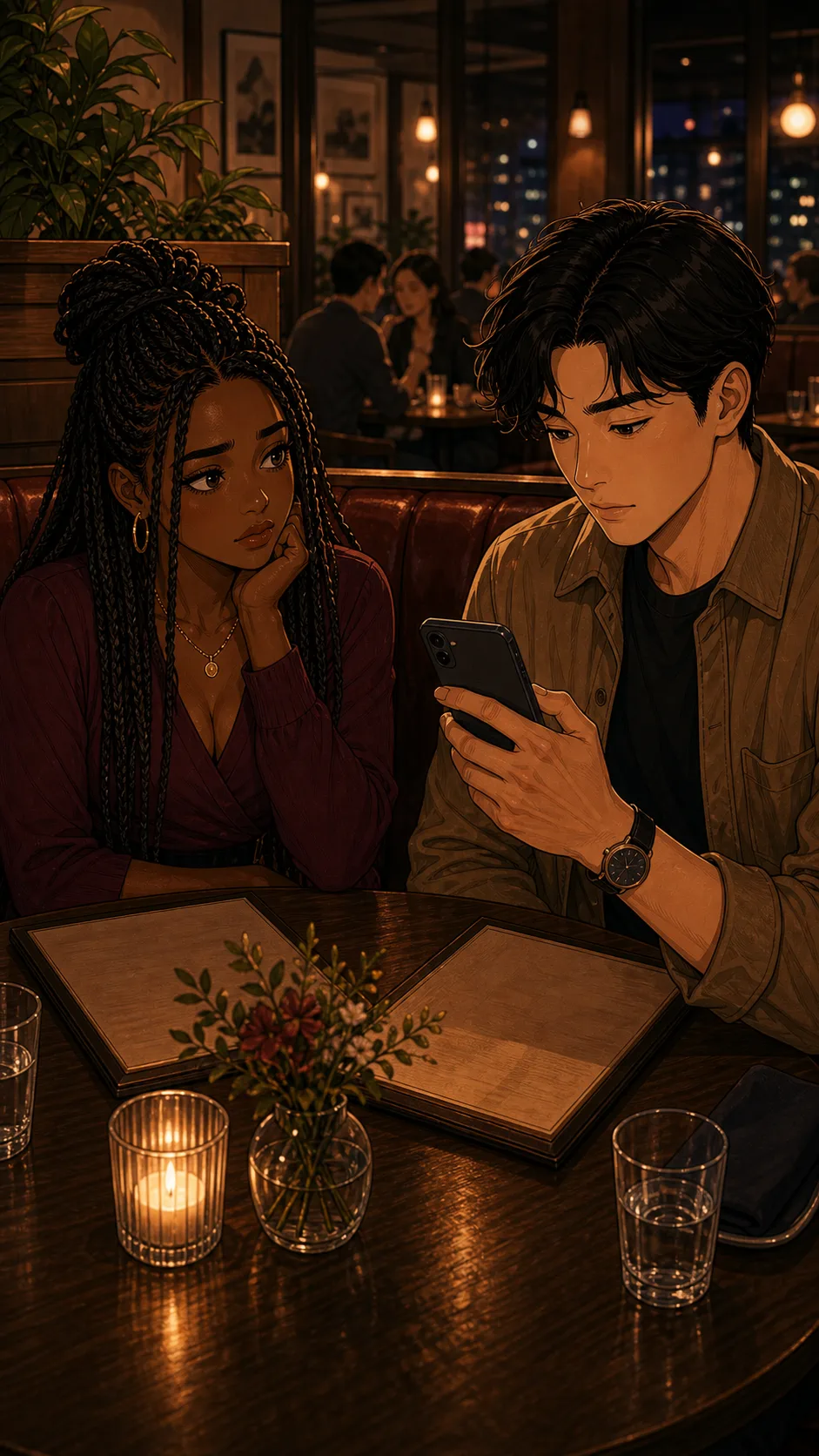 Evan texts friends while Layla sits at the table.