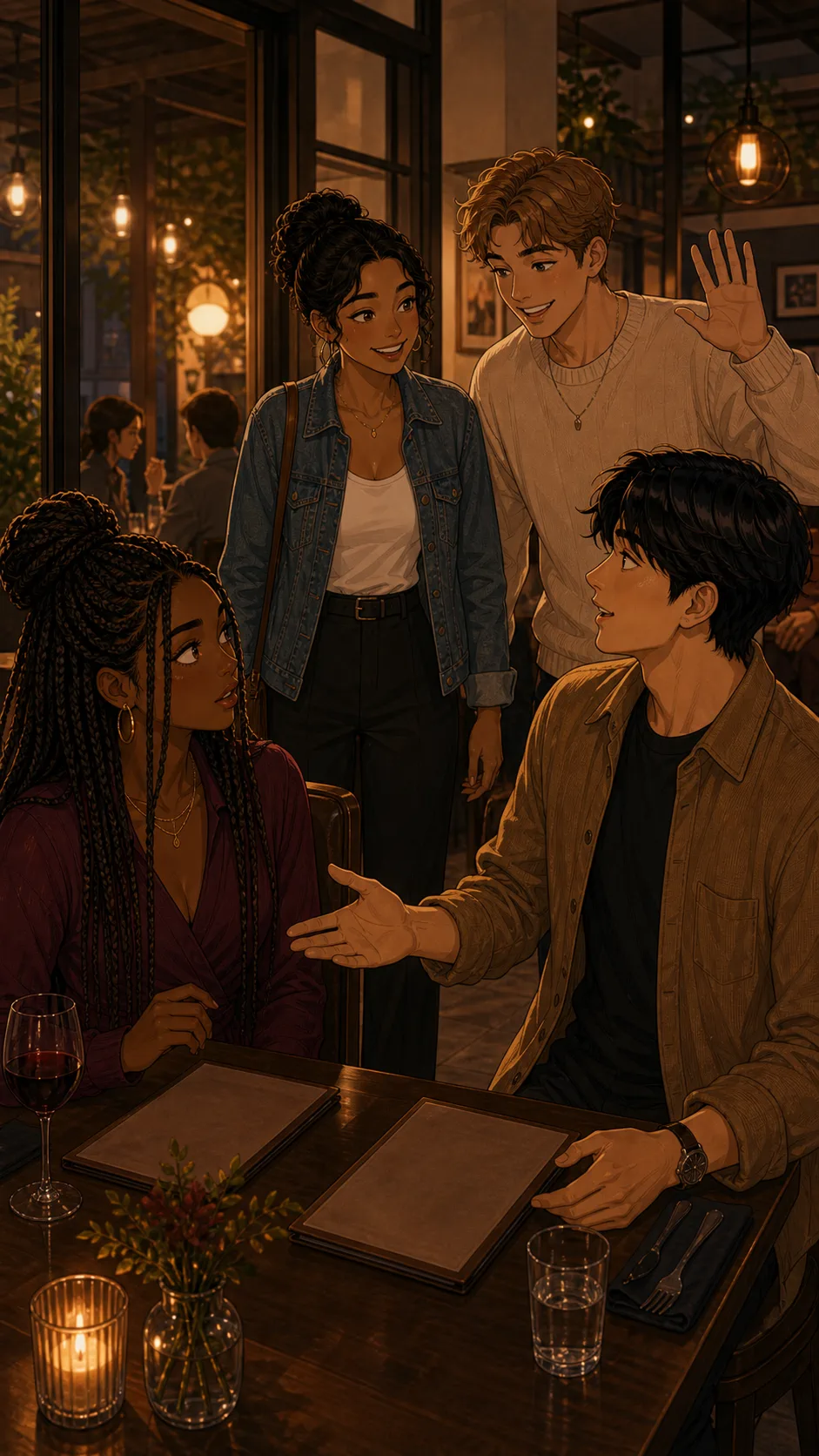 Two friends arrive at Layla and Evan's date table.