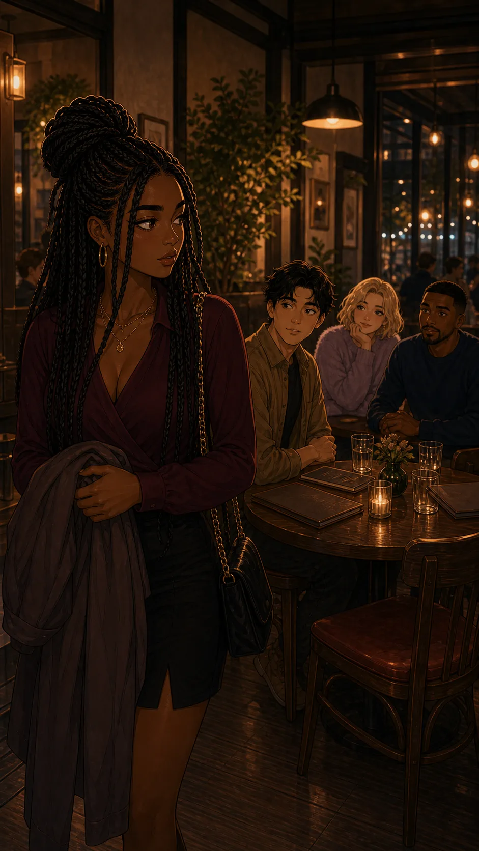 Layla stands with her coat while Evan and friends wait.