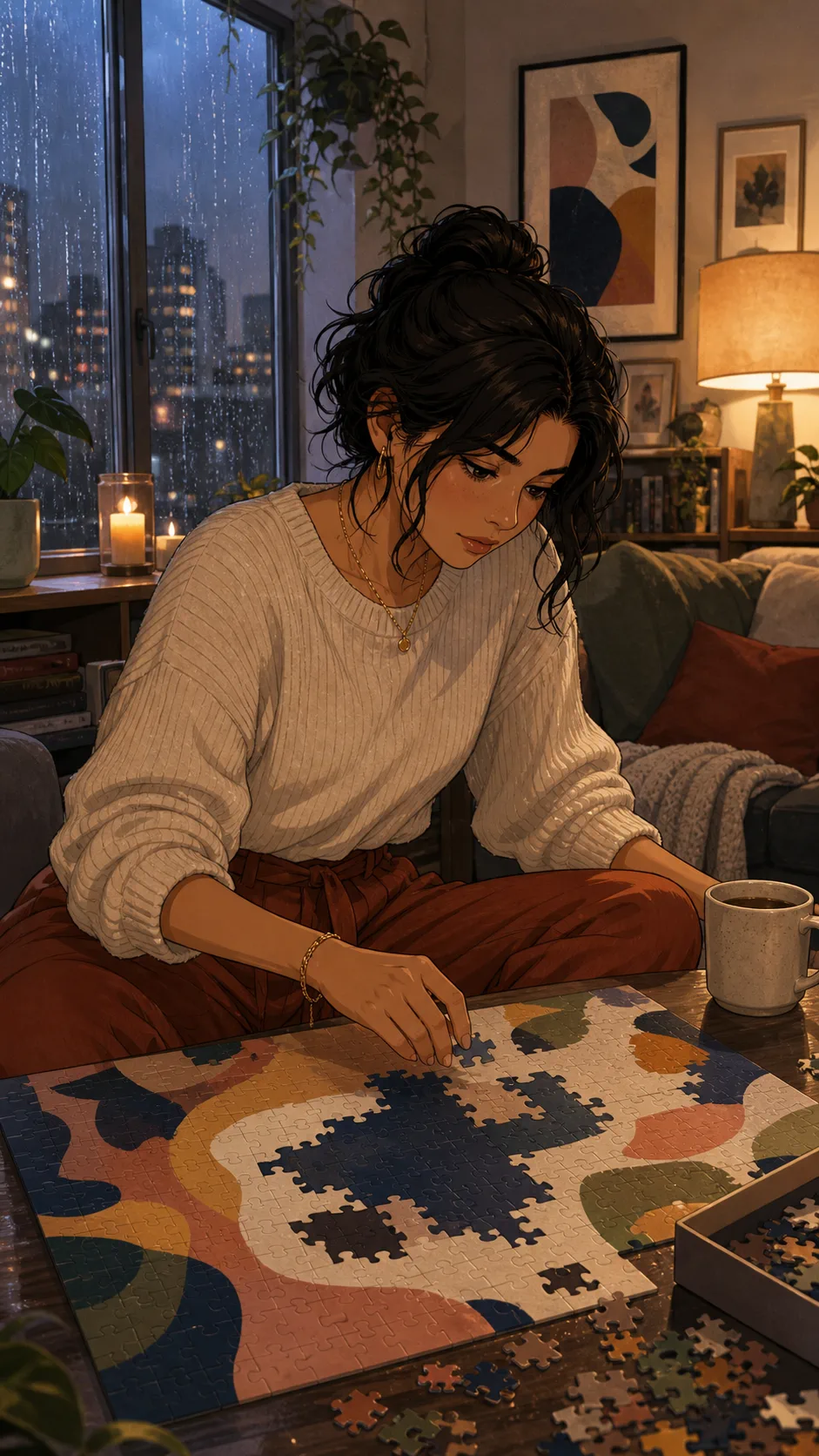 Elena works on an abstract jigsaw puzzle by a rainy window.