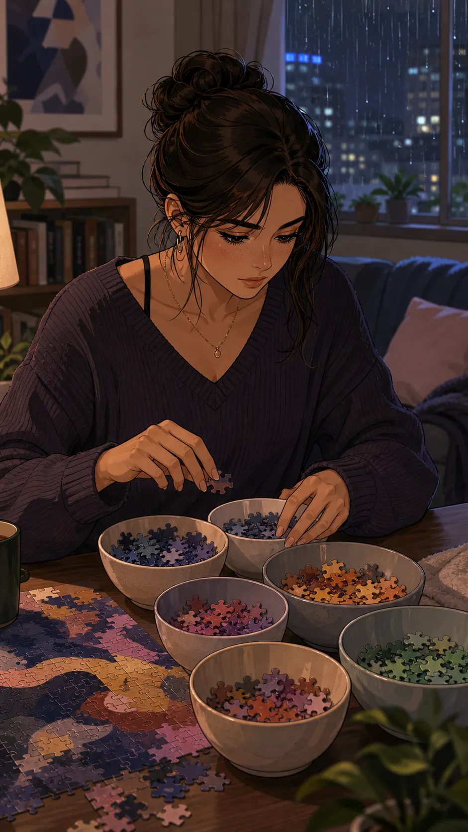 Elena sorts abstract puzzle pieces into small bowls.