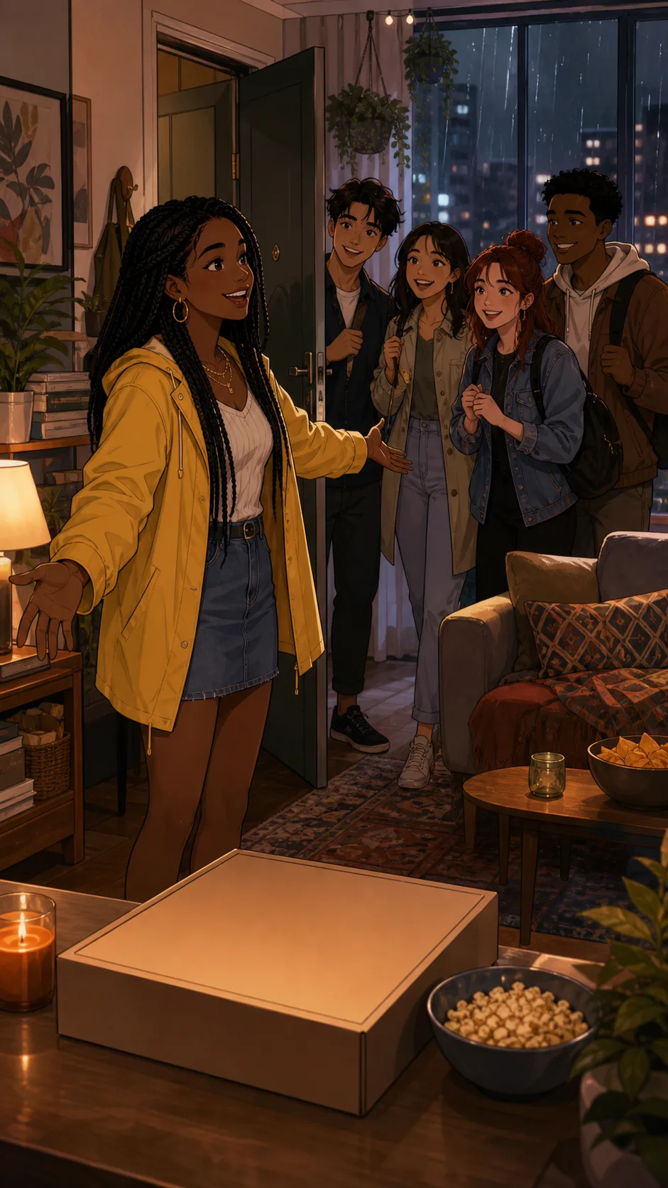 Zoe welcomes friends into a rainy apartment gathering.