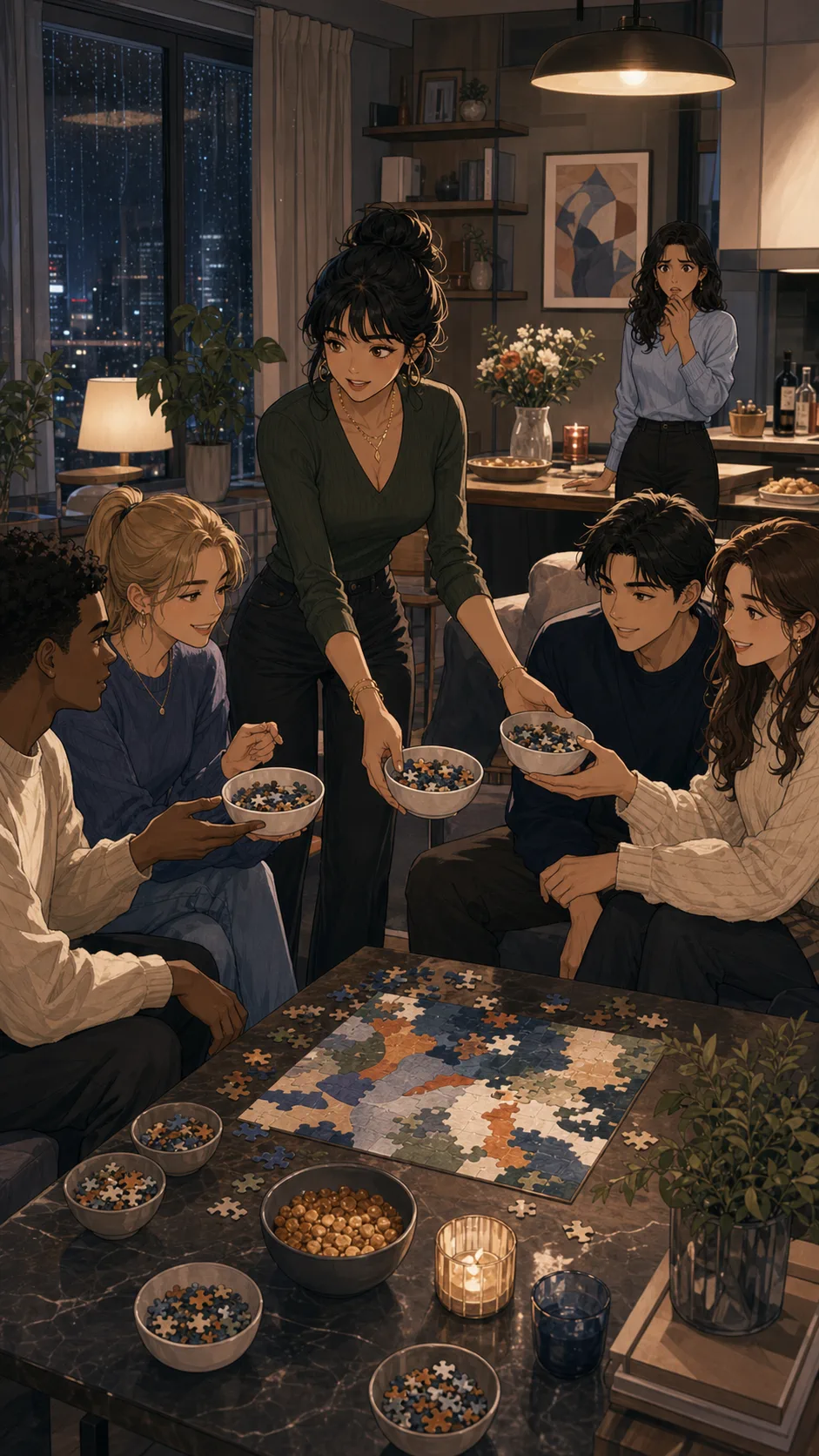 Zoe gives bowls of puzzle pieces to party guests while Elena looks startled.