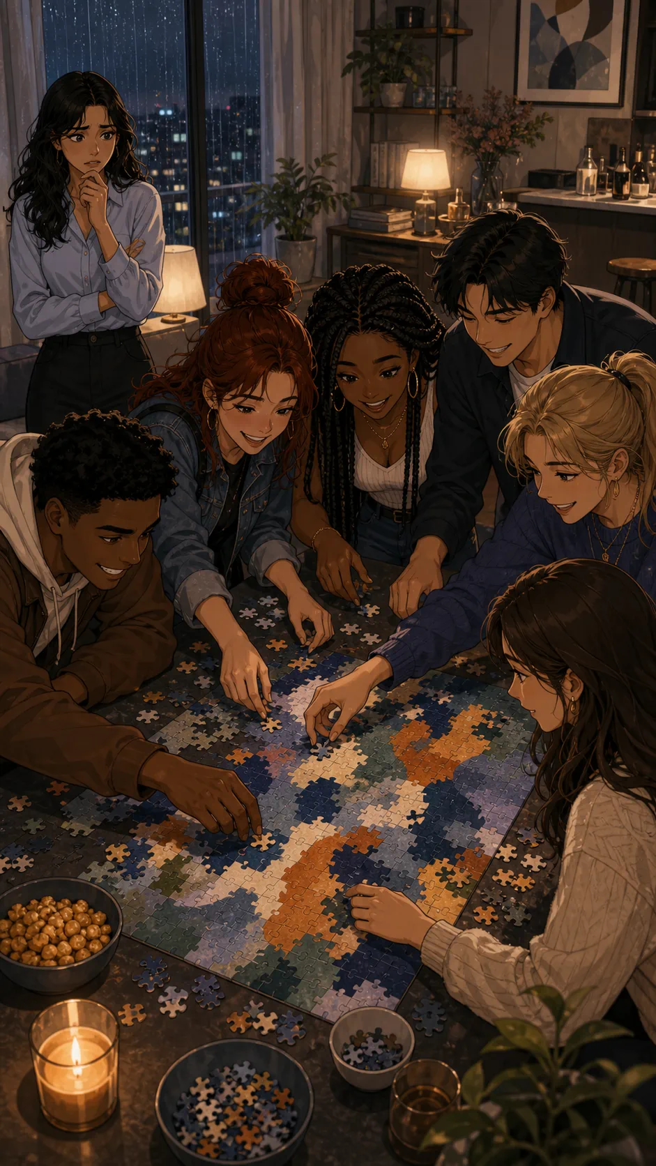 Party guests move puzzle pieces quickly while Elena watches.