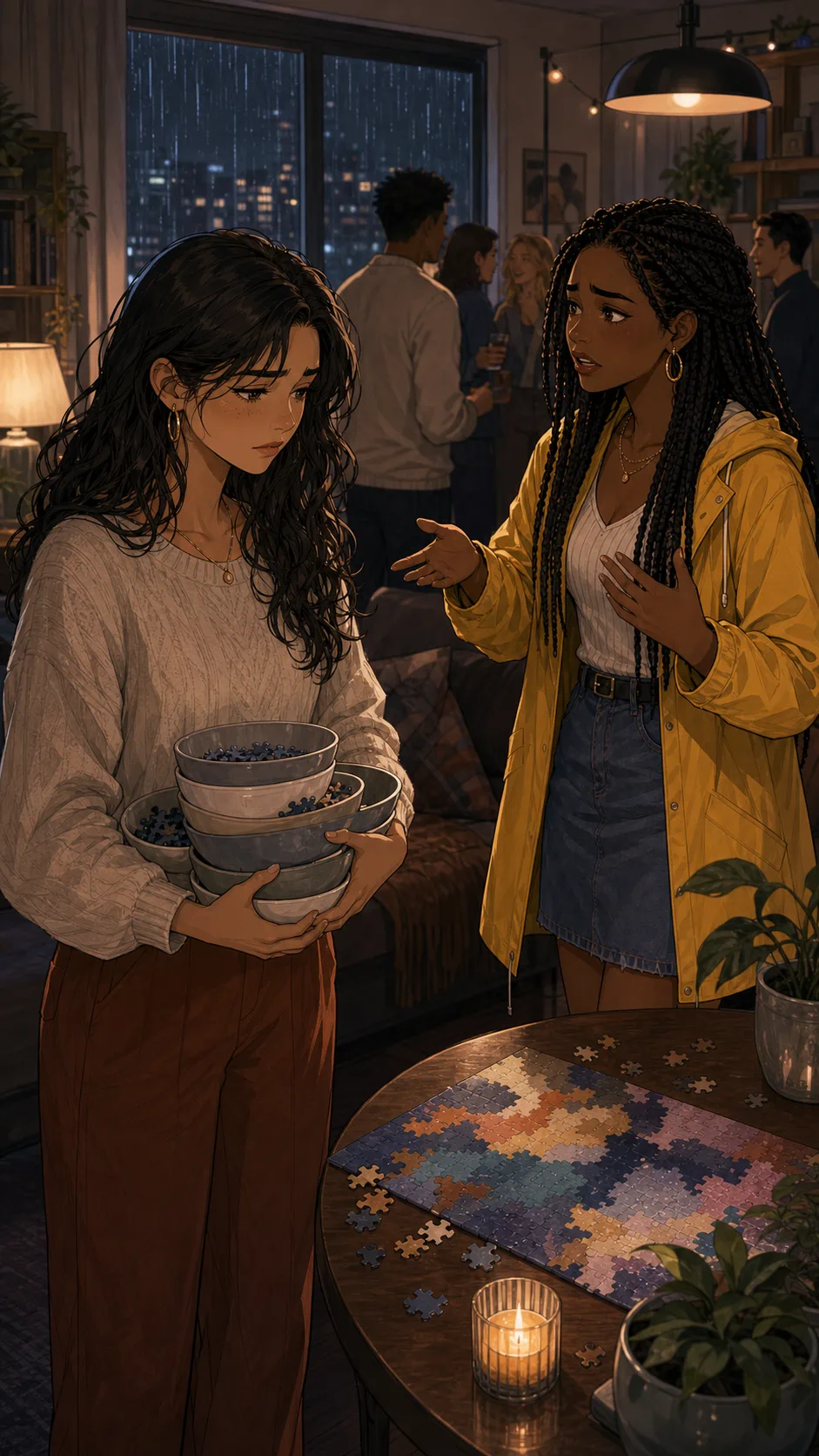 Elena and Zoe discuss the puzzle at the side table.