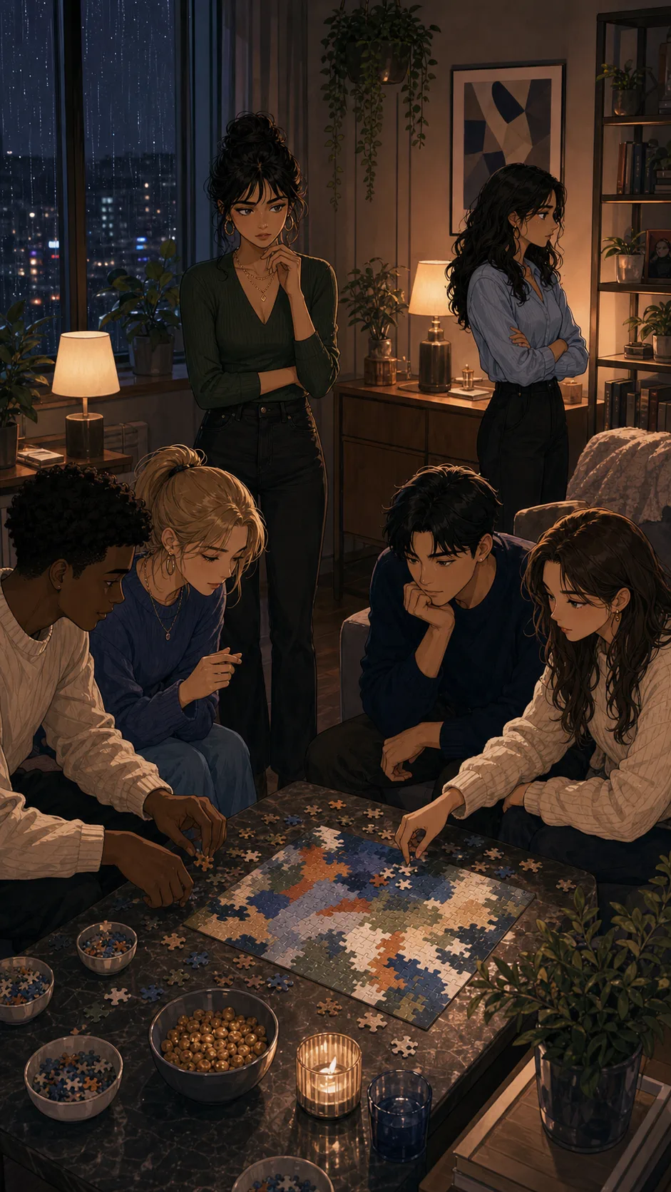 Party guests split around Elena's half-finished puzzle.