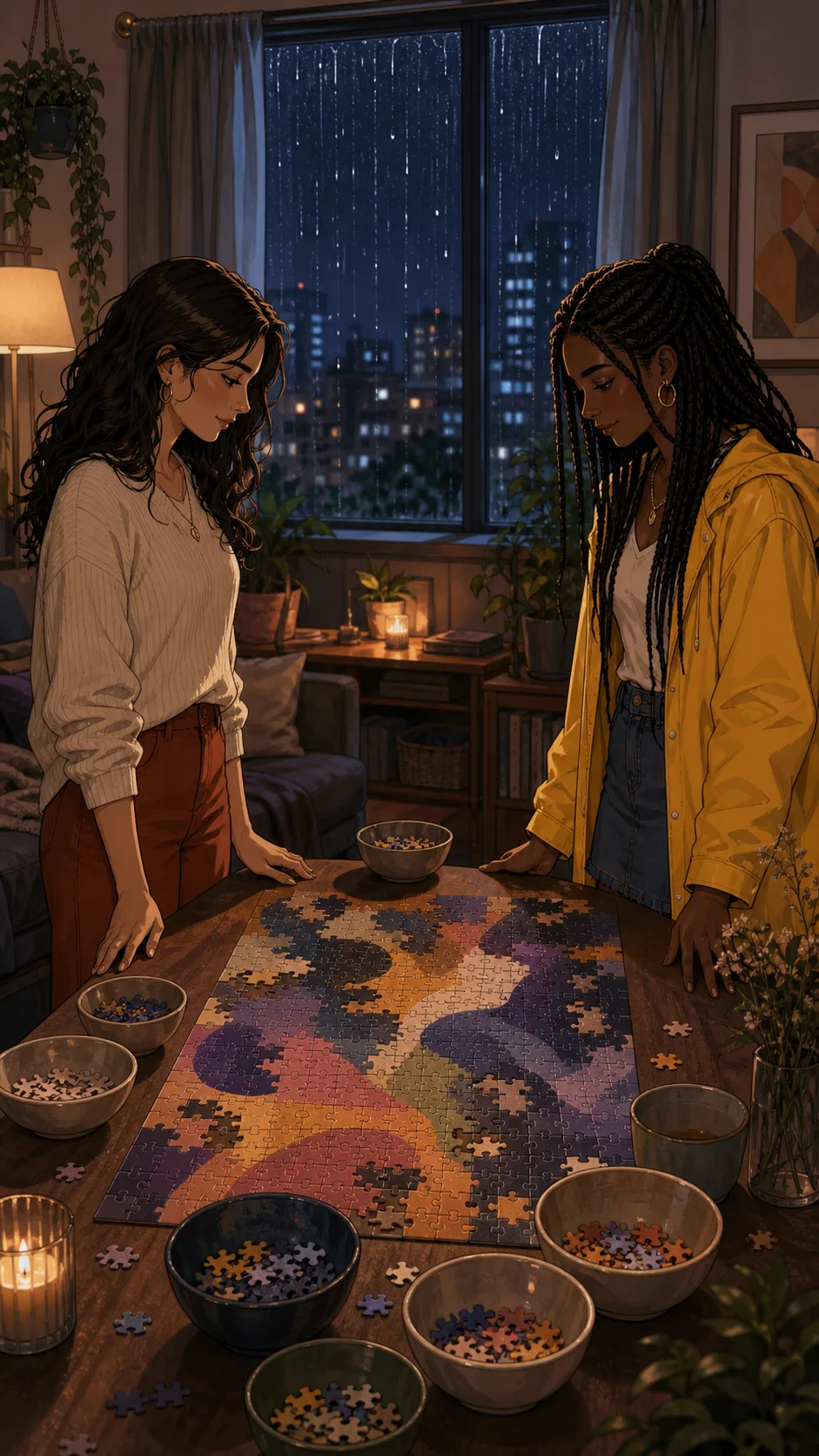 Elena and Zoe stand thoughtfully beside the half-finished puzzle.