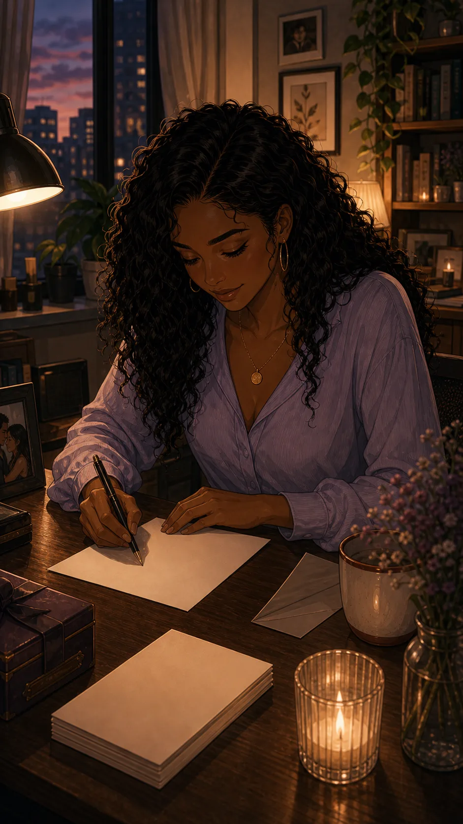 Iris writes a private anniversary letter at her desk.