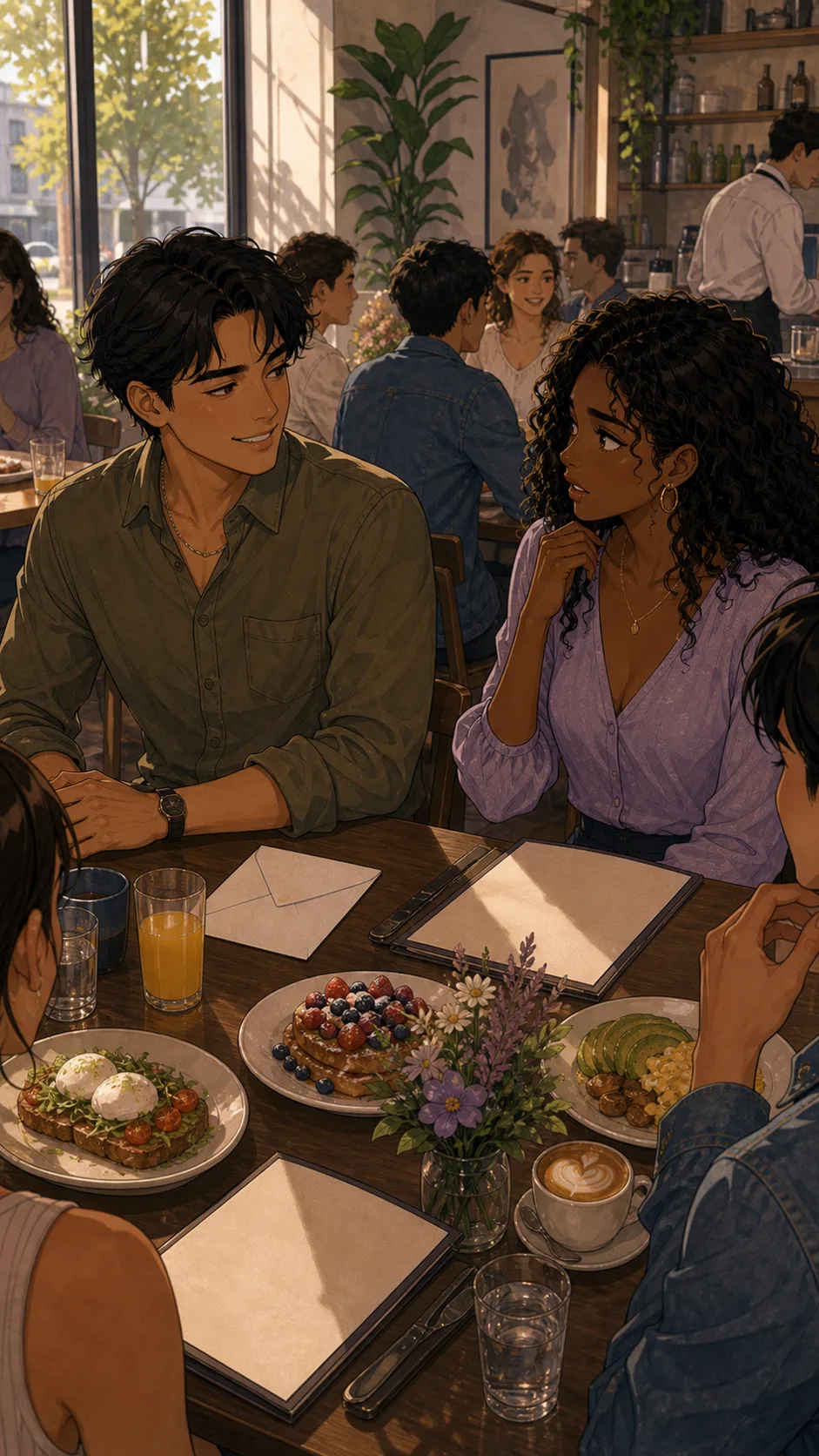 Theo brings Iris's plain anniversary envelope to a brunch table.
