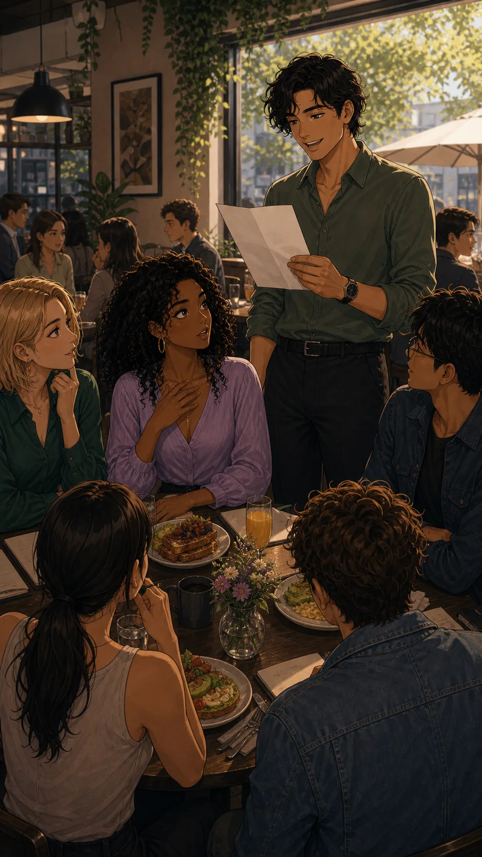 Theo starts reading from a blank letter at brunch.