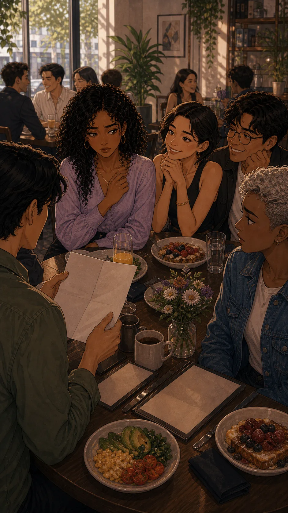Friends react warmly while Wren notices Iris's discomfort.