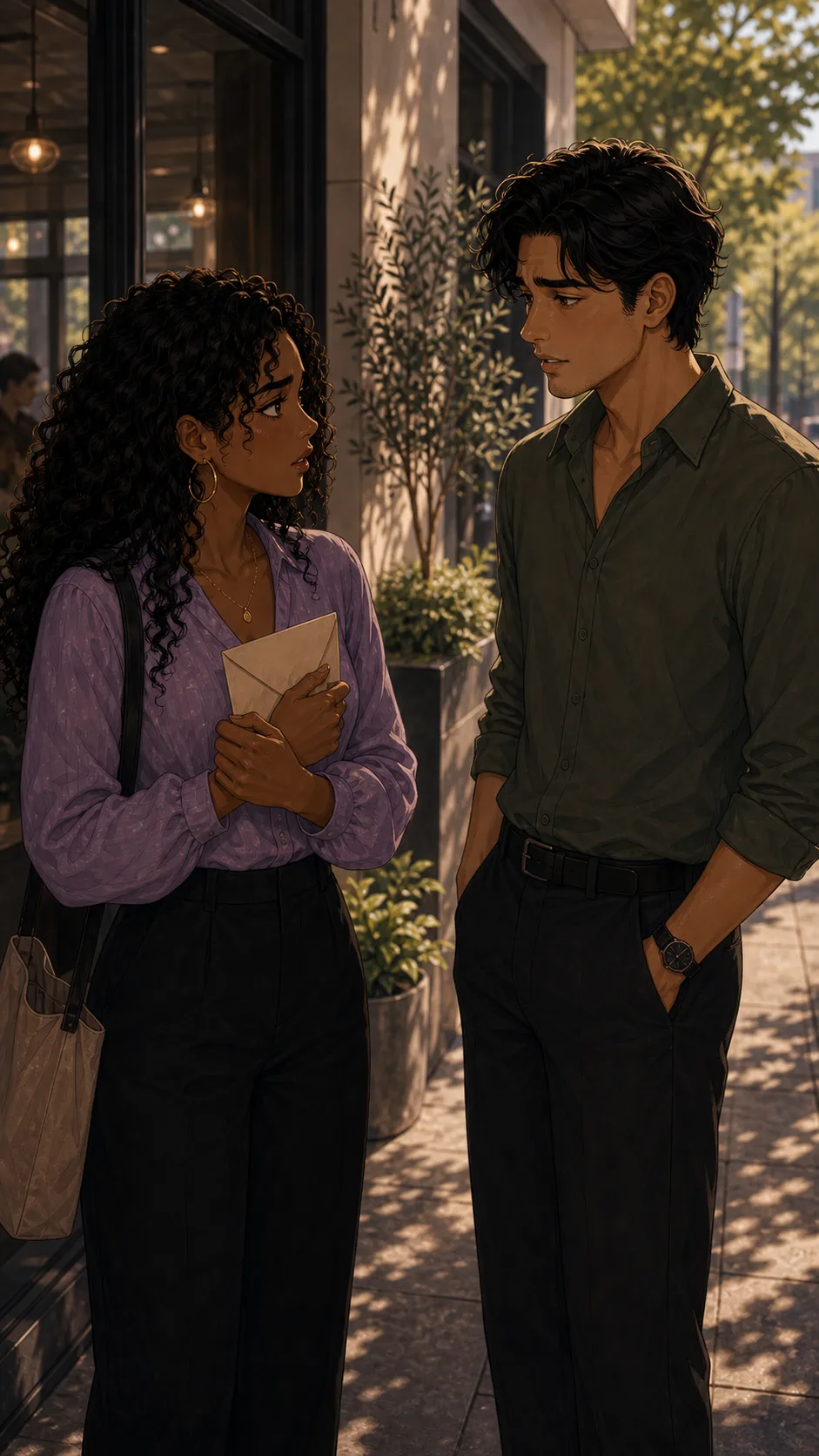 Iris and Theo discuss the letter outside after brunch.