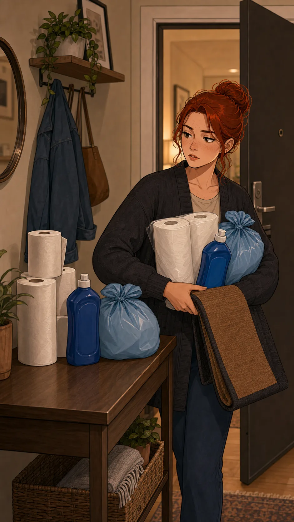 Harper brings generic household supplies into the apartment.