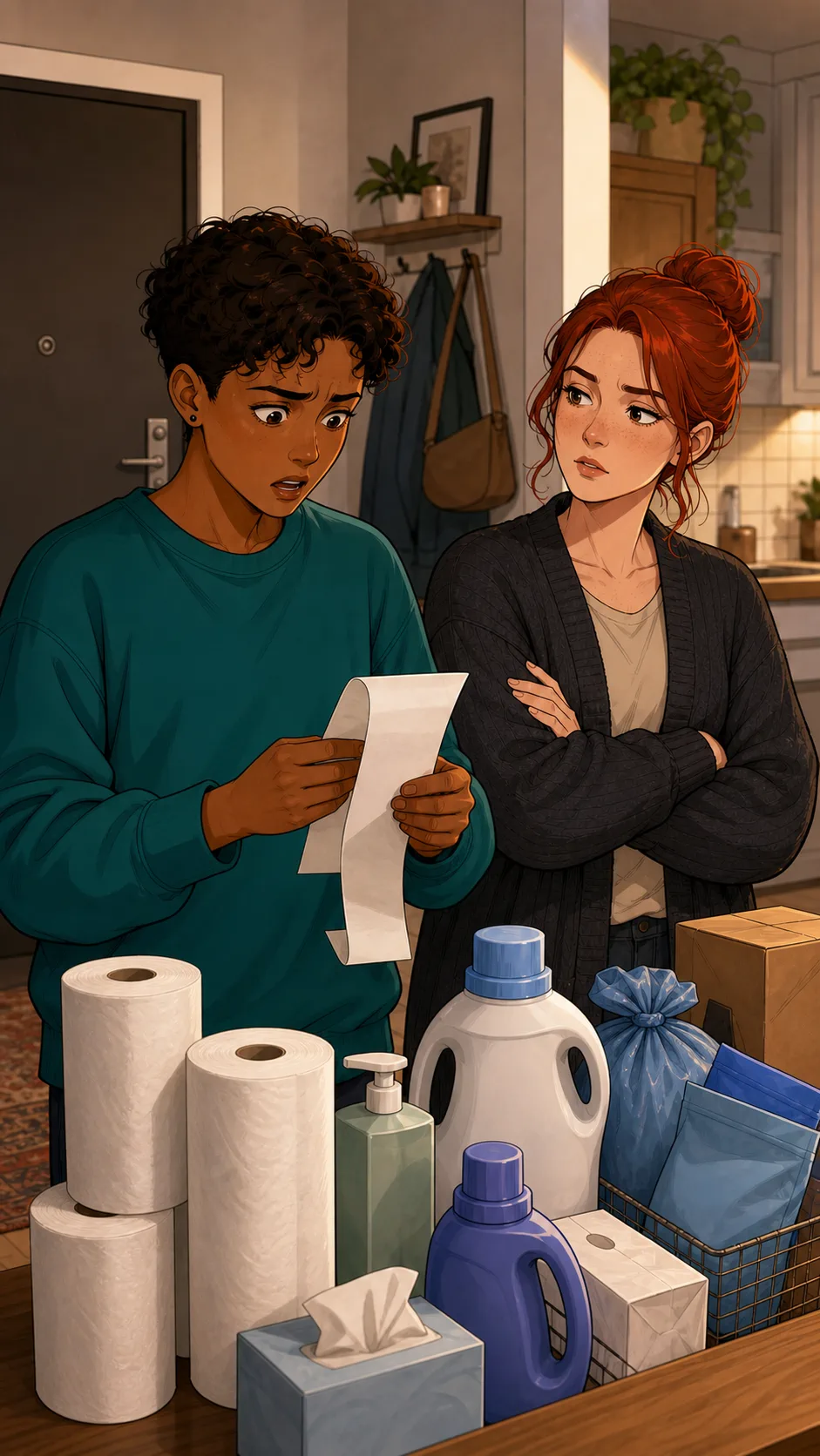 Riley sees household supplies and a blank receipt on the entry table.