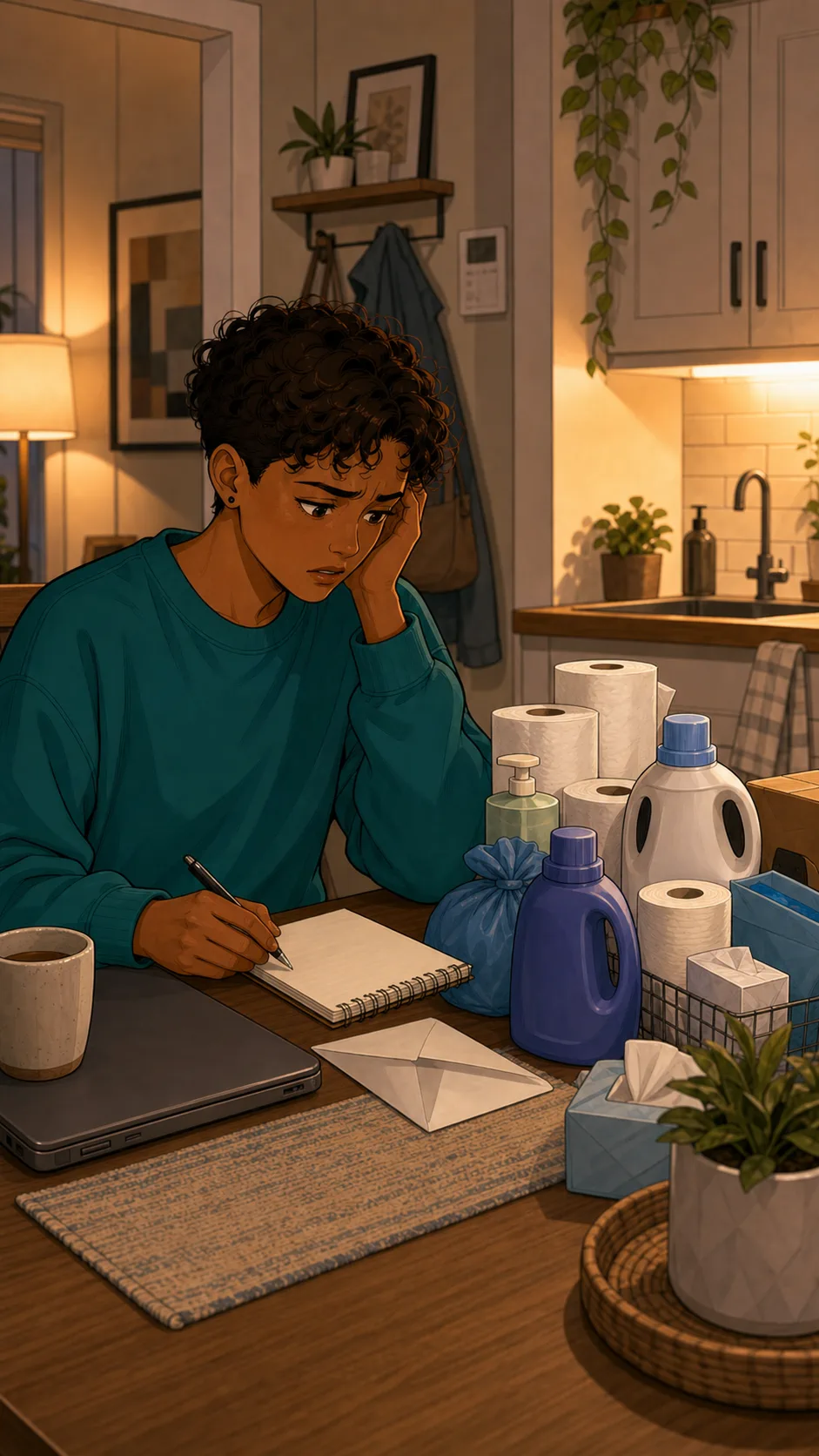 Riley checks a blank budget notebook after the rebate was spent.