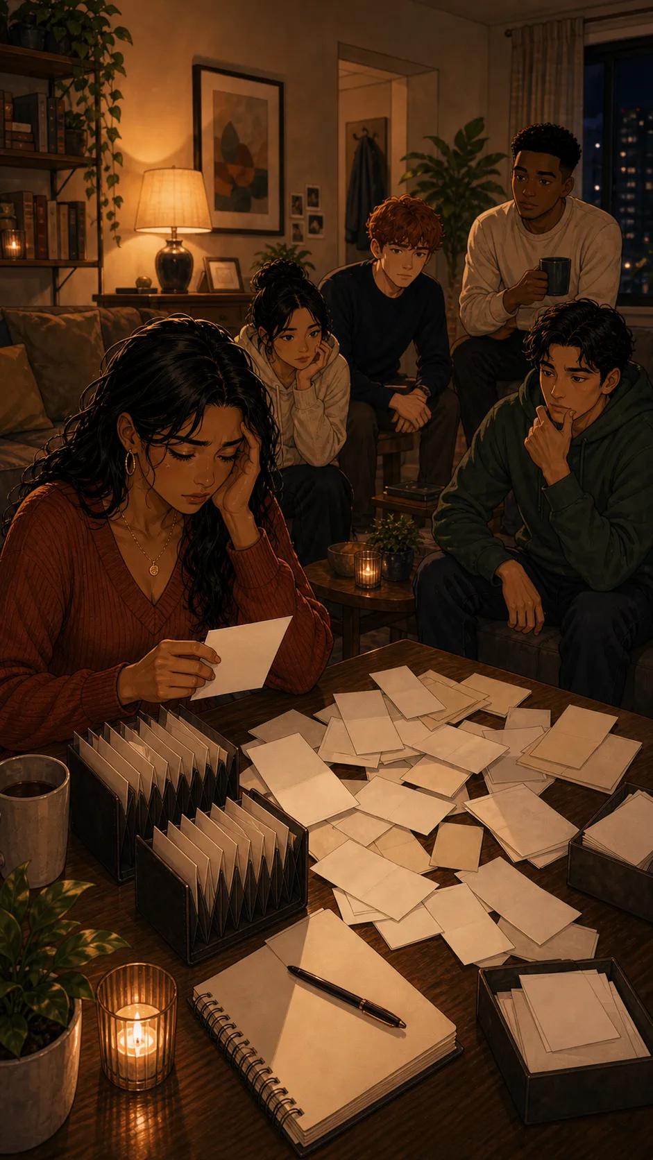 Samira searches through receipts while roommates wait.