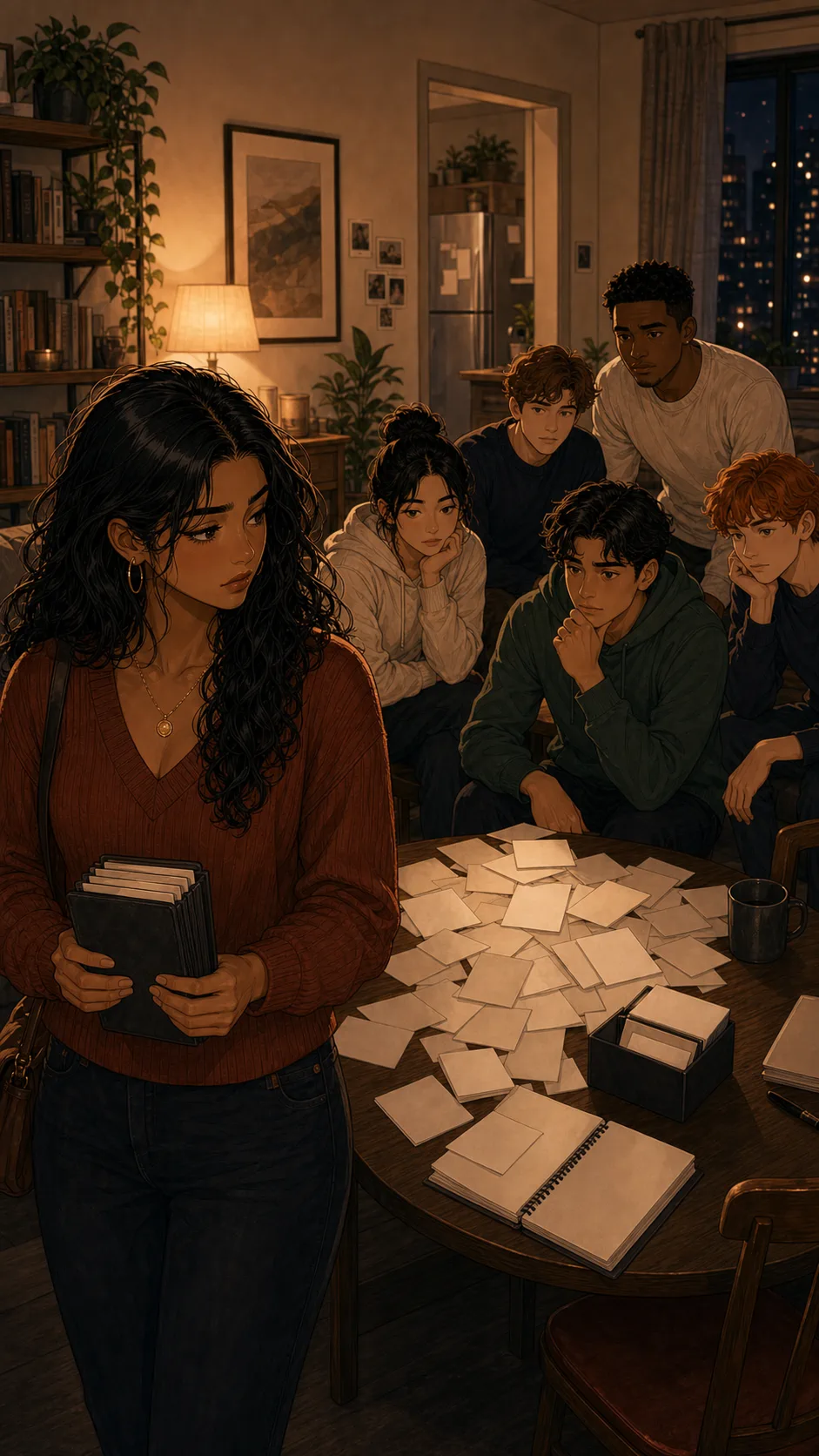Samira holds her closed receipt folder while roommates wait.