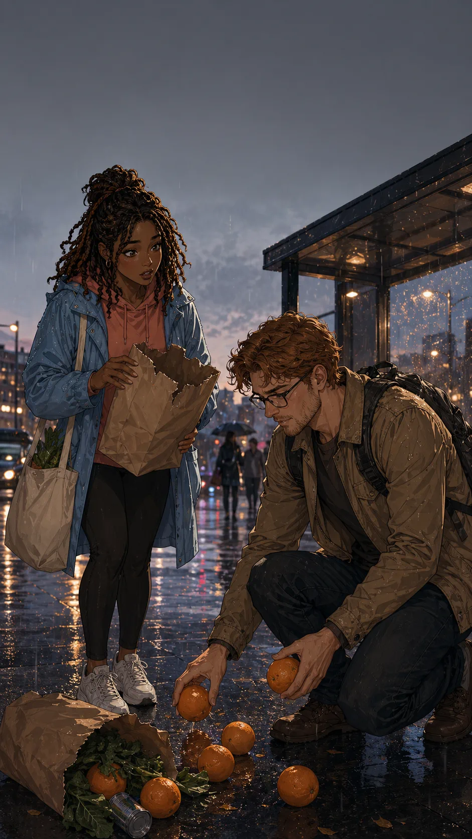 Owen helps Talia pick up spilled groceries at a rainy generic transit stop.
